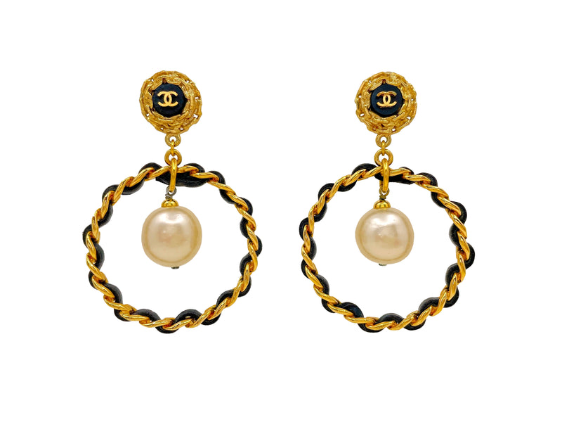 Chanel 1993 Leather Chain and Pearl Earrings