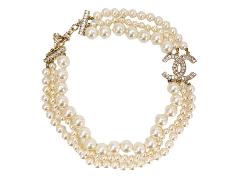 Chanel 14B Pearl and Baguette Crystal Triple Strand Choker