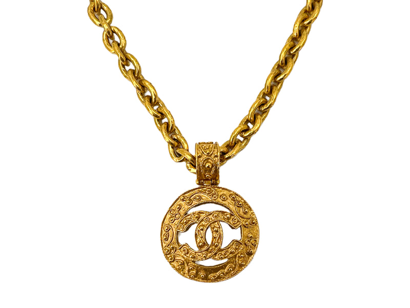 Chanel Vintage 94A Baroque Cutout Pendant Long Necklace Gold Plated