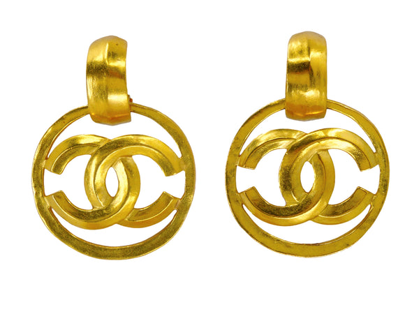 Chanel Vintage White CC Gold Plated Coral Clover Hoop Piercing Earrings