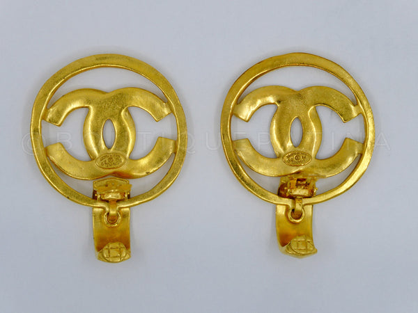 Chanel 96P Vintage Encircled CC Dangle Hoop Earrings Gold Plated