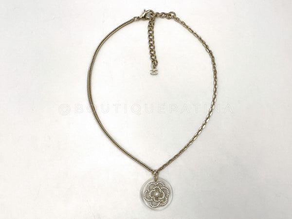 Chanel 18B Clear Resin Camellia Pendant Necklace