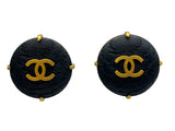 Chanel 94P Black Pronged Wooden Large Stud Earrings