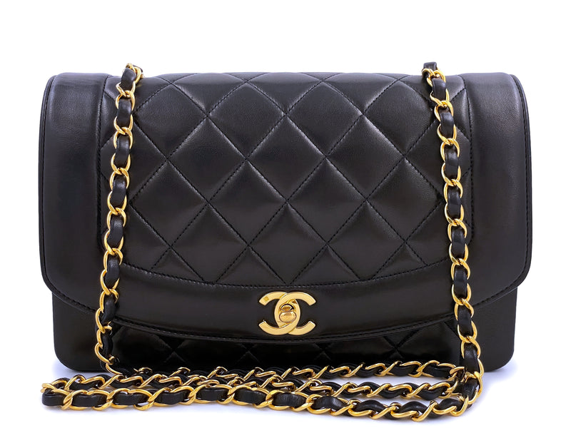 CHANEL Classic Vintage Black Diana 24K Gold Chain Medium Flap Crossbody Bag