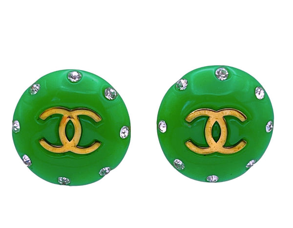 Rare Chanel 95P Green Painted Glass Large Crystal Studded CC Stud Earrings