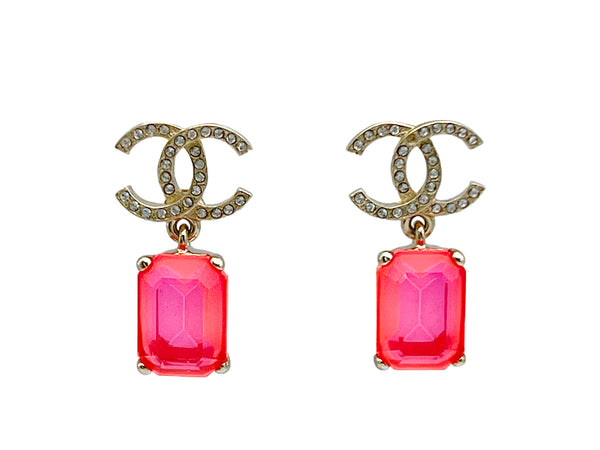 Chanel 21S Crystal CC Pink Baguette Drop Earrings