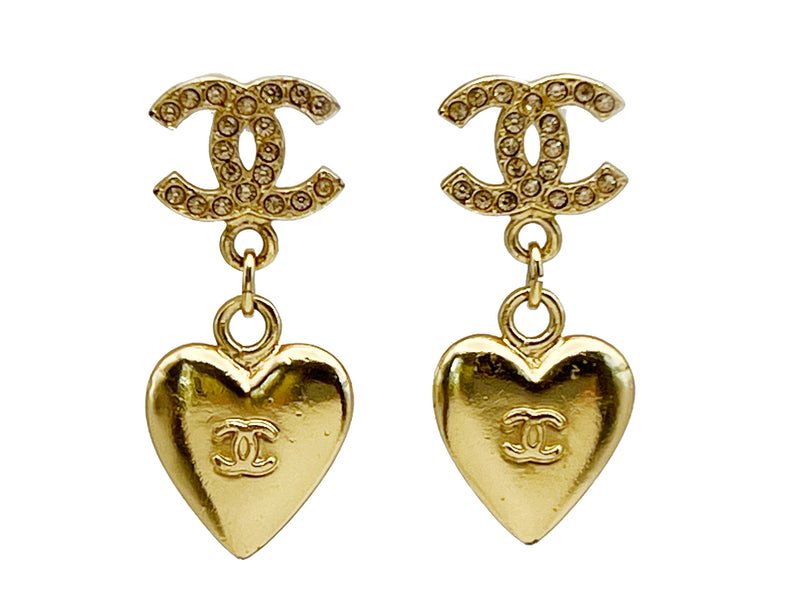Chanel Gold Metal And Crystal Interlocking Heart CC Earrings, 2023