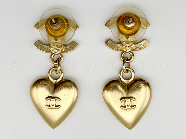 Chanel 02P Gold Crystal CC Heart Drop Earrings