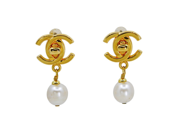 Chanel 96A Vintage Pearl Drop Turnlock Earrings