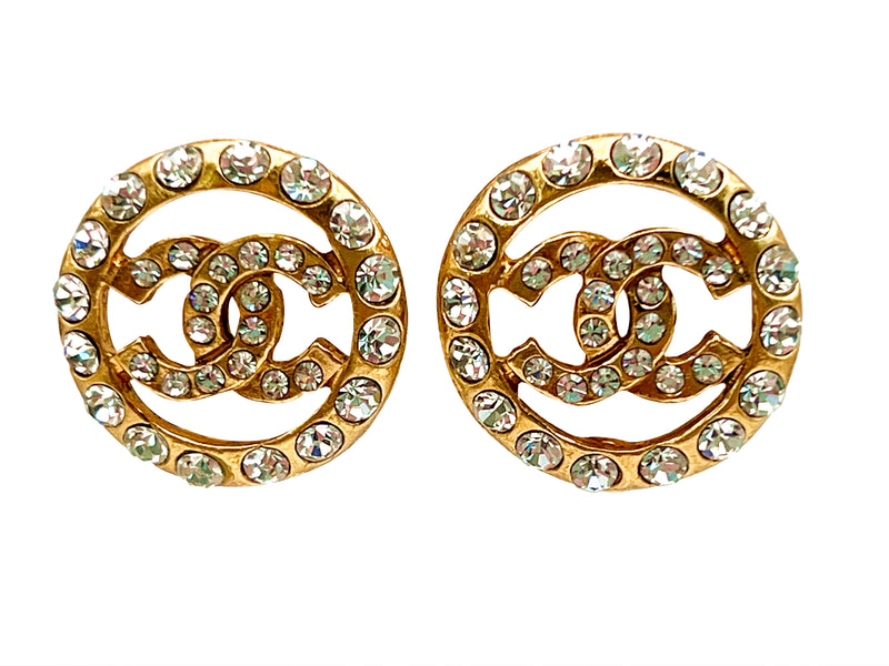 Chanel Gold Crystal Circle Round CC Earrings