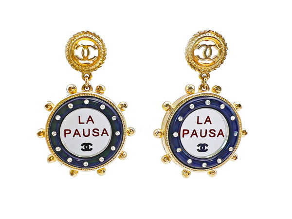 Chanel 19C La Pausa Mirror Drop Earrings Navy Blue Gold