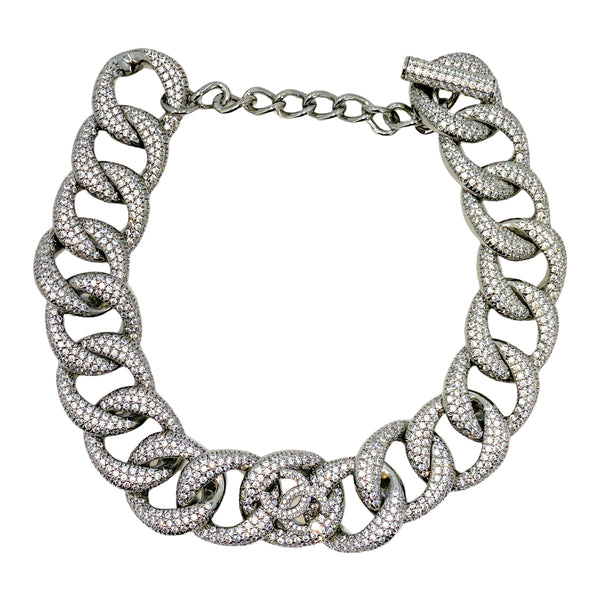 Chanel Silver Metal Pearl Crystal Chain-Link CC Choker Necklace