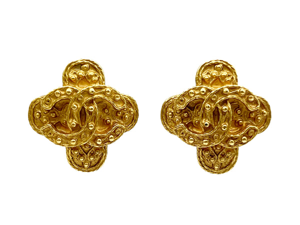 Chanel 94A Clover Stud Earrings Baroque Gold Plated