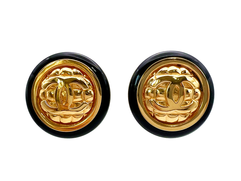 Chanel 80s Black and Gold Giant Tweed Button Stud Earrings