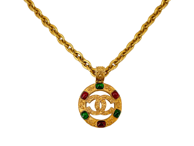 Chanel 94A Vintage Red and Green Gripoix Encircled CC Long Necklace Gold