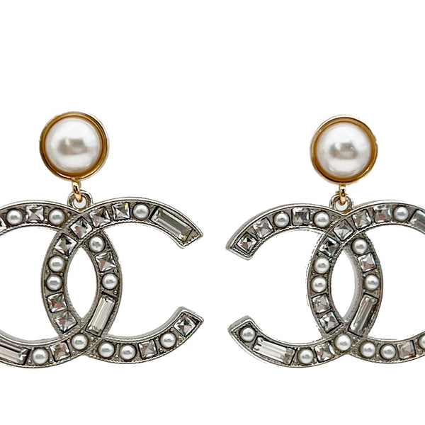 Chanel Silver Tone Crystal CC Dangle Earrings Chanel