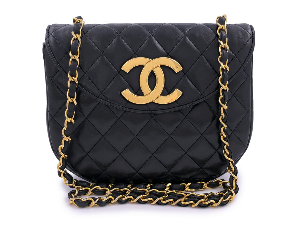 Authentic Chanel Black Aged Calfskin Quilted Mini Haft Moon Bag