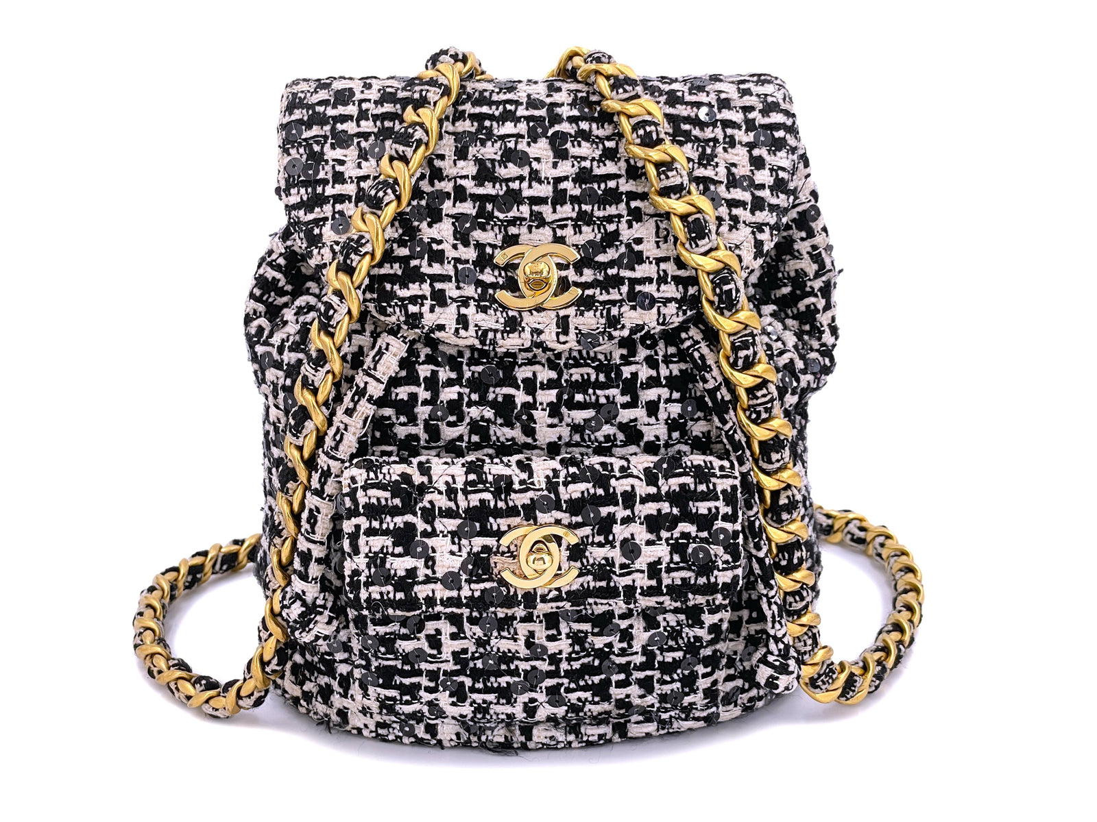 Chanel Vintage Tweed Duma Backpack Bag Black White 1994 24K GHW 7D2