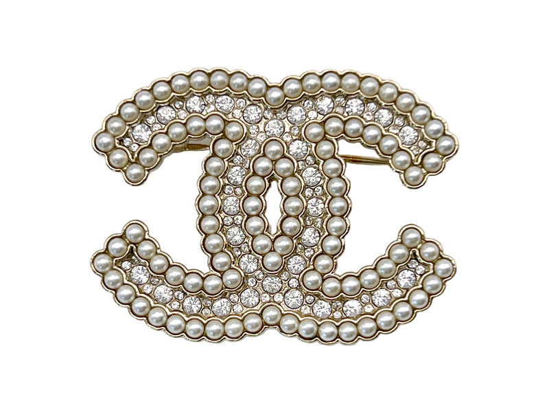 Chanel 21K Crystal Filled Pearl Framed CC Brooch