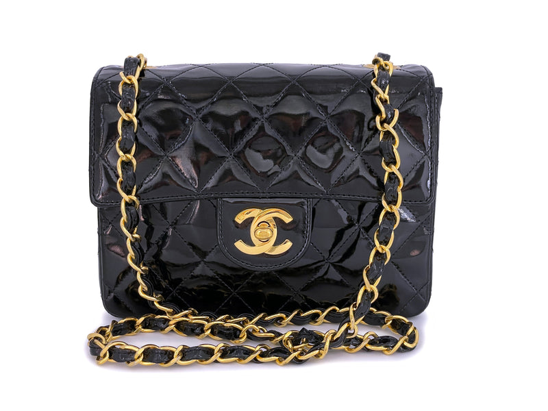 CHANEL Vintage Black Quilted Patent Leather Square Flap Bag XL Gold Logo CC  HW