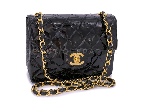 Chanel 1989 Vintage Black Patent Square Mini Flap Bag 24 GHW