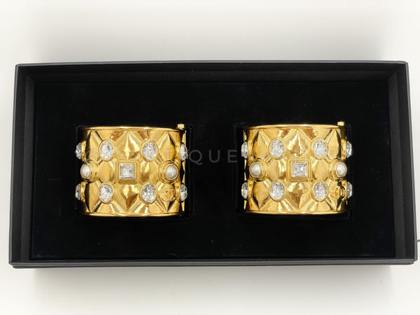 Chanel 21A Quilted Crystal Pearl Cuff Bracelet Set of 2