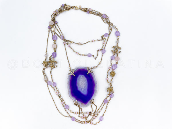 Chanel 12A Violet Purple Agate Stone Crystal Beaded 6 Strand Necklace
