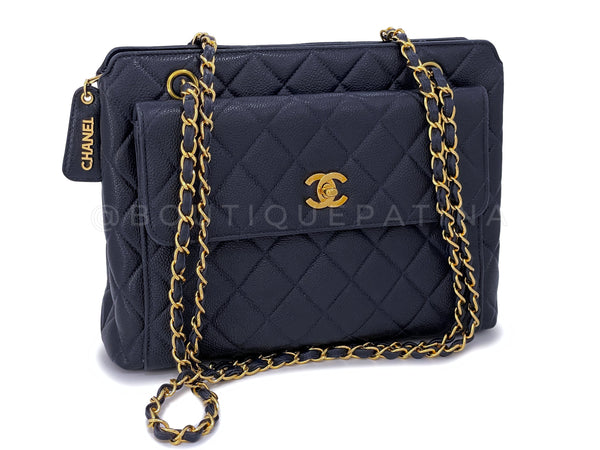 Chanel 1996 Vintage Navy Blue Caviar Classic Quilted Flap Tote Bag 24k GHW