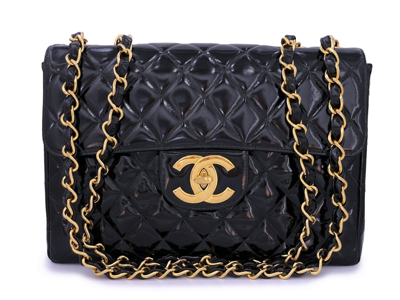 Chanel 1996 Vintage Black Patent Jumbo Classic Flap Bag 24k GHW