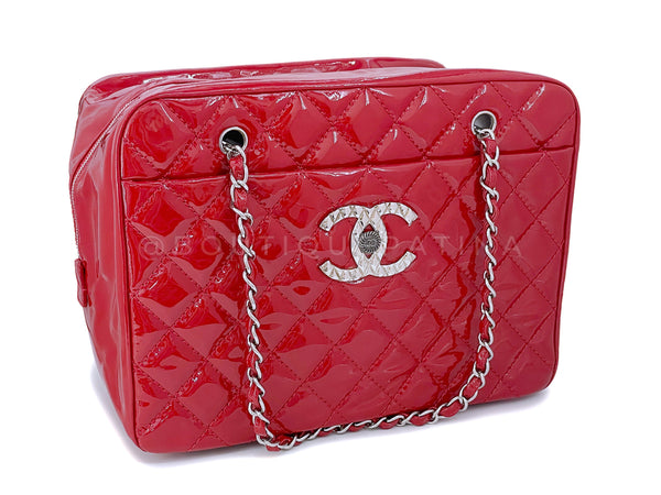 Chanel Red Luxury Giant XL Brilliant CC Patent Luggage Shopper Tote Bag