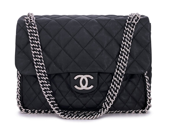 Pristine Chanel Black Aged Calfskin Chain Around Maxi Flap Bag SHW