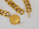 Chanel 80s Coin Pearl Pendant Chain Choker Necklace 24k GHW
