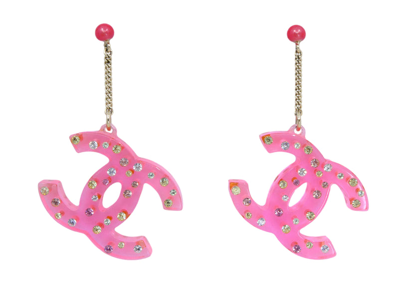 Chanel Vintage 04A Pink Clear Resin CC Logo Crystal Studded Drop Earrings