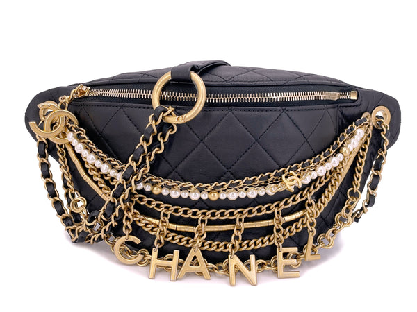 Limited 19A Chanel All About Chains Black XL Fanny Pack Waist Bag Pearl Chain GHW