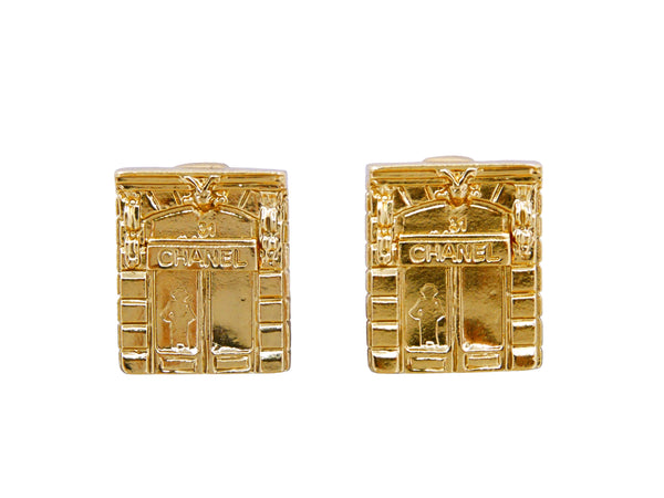 Chanel 02P Vintage Rue Cambon Stud Earrings Gold Plated