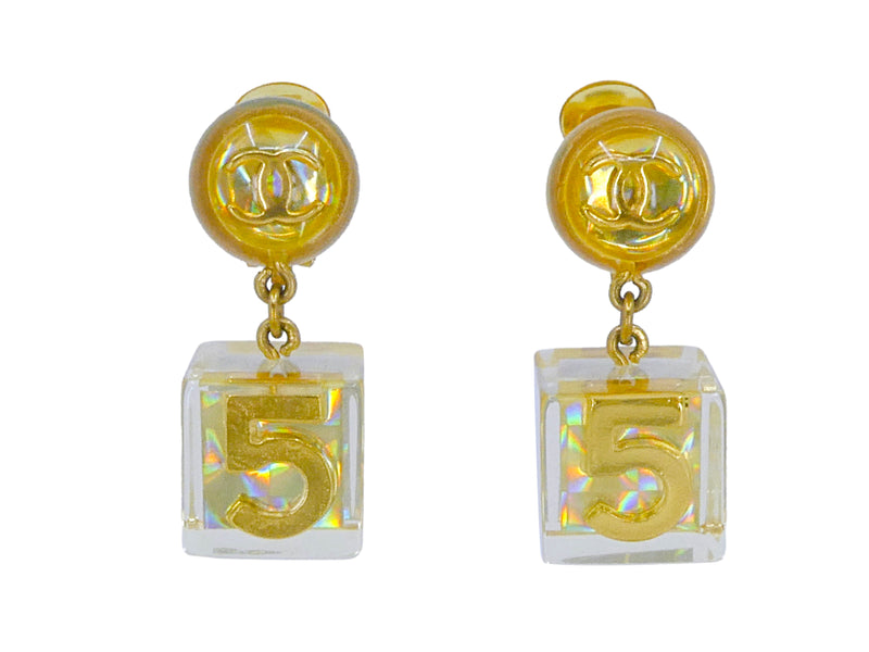 Chanel 97P Vintage Gold Resin No. 5 Cube Drop Earrings – Boutique