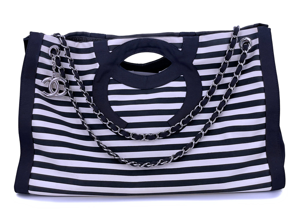 CHANEL Cruise Line Tote Bag Blue White Striped Canvas Leather Handbag  Authentic