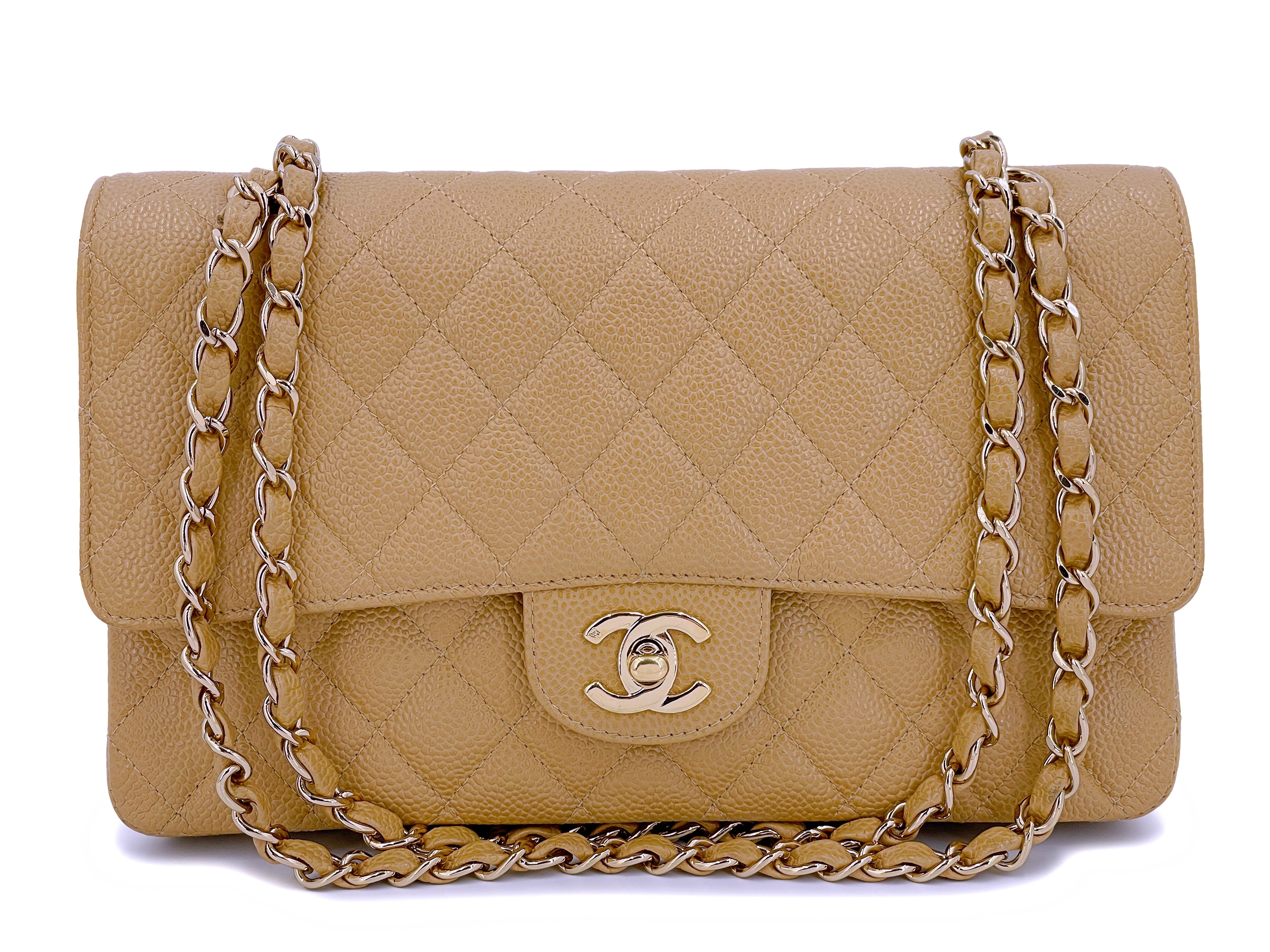 Light Yellow Quilted Caviar Medium Classic Double Flap Gold Hardware,  2003-2004