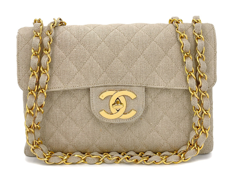 Chanel 1994 Vintage Beige Linen Canvas Classic Jumbo Flap Bag 24k GHW