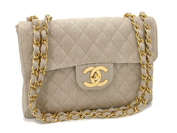 Chanel 1994 Vintage Beige Linen Canvas Classic Jumbo Flap Bag 24k GHW