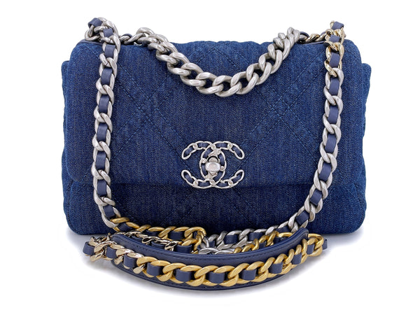 Pristine 22P Chanel 19 Medium Dark Blue Denim Flap Bag