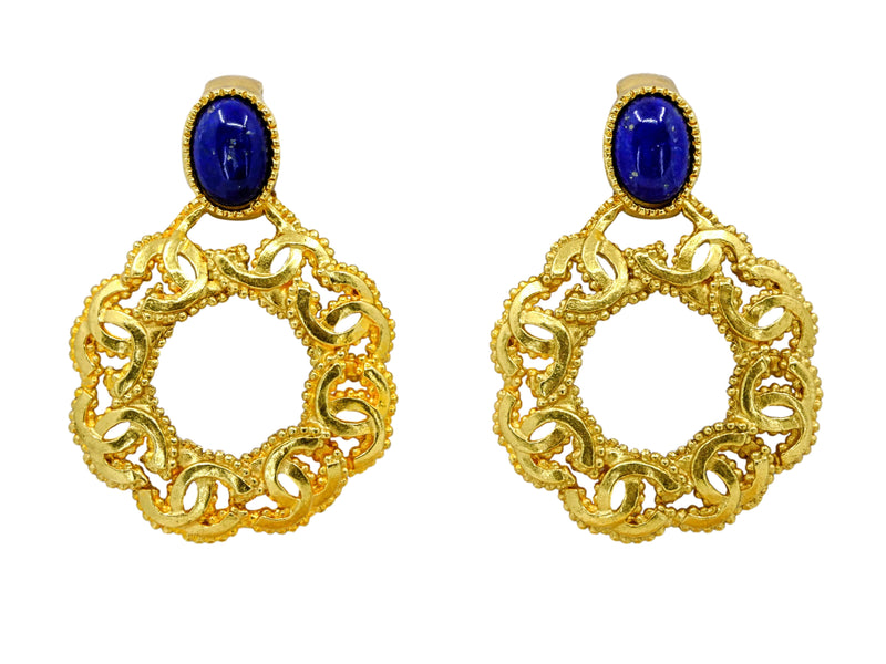 Chanel 96A Vintage Blue Lapis Hoop Door Knocker Drop Earrings