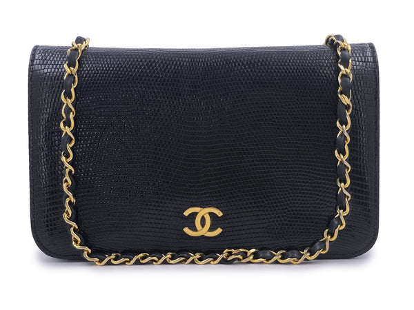 Pristine Chanel 1989 Vintage Black Lizard Full Flap Bag 24k GHW