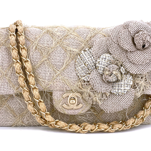 Chanel 2010 Taupe Beige Camellia Straw Raffia Classic Flap Bag GHW –  Boutique Patina