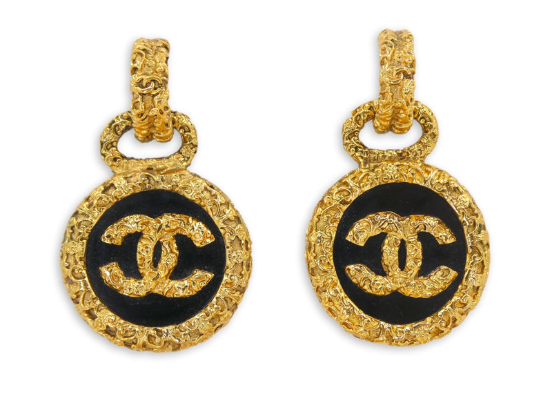 Chanel Vintage Black Round Stud Earrings with CC Logo