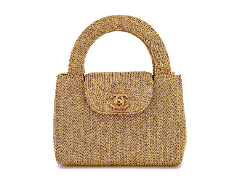 Chanel 1997 Vintage Gold Spun Raffia Micro Mini Kelly Evening Bag