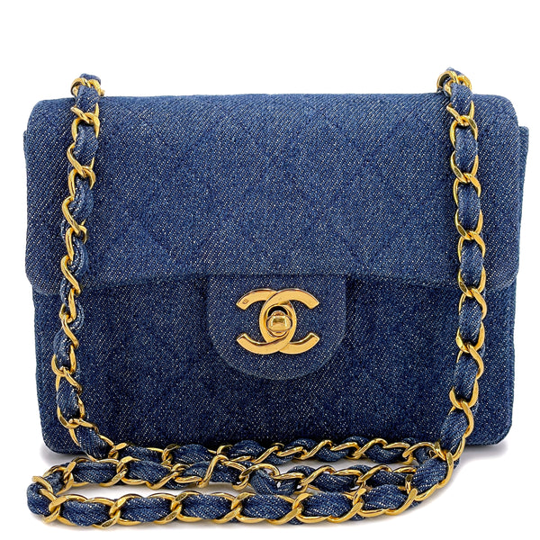 Chanel 1990 Vintage Dark Blue Denim Square Mini Flap Bag 24k