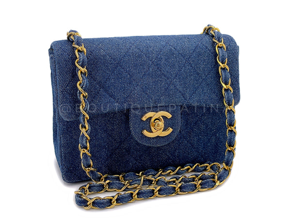 Chanel 1990 Vintage Dark Blue Denim Square Mini Flap Bag 24k GHW