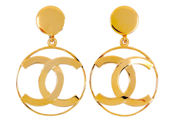 Chanel Vintage Maltese Cross Hoop Dangle Earrings 1994 94P 24K Gold CC Logo