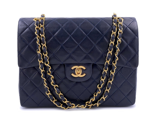 Chanel 1989 Vintage Blue-Black Tall Medium Classic Double Flap Bag 24k GHW
